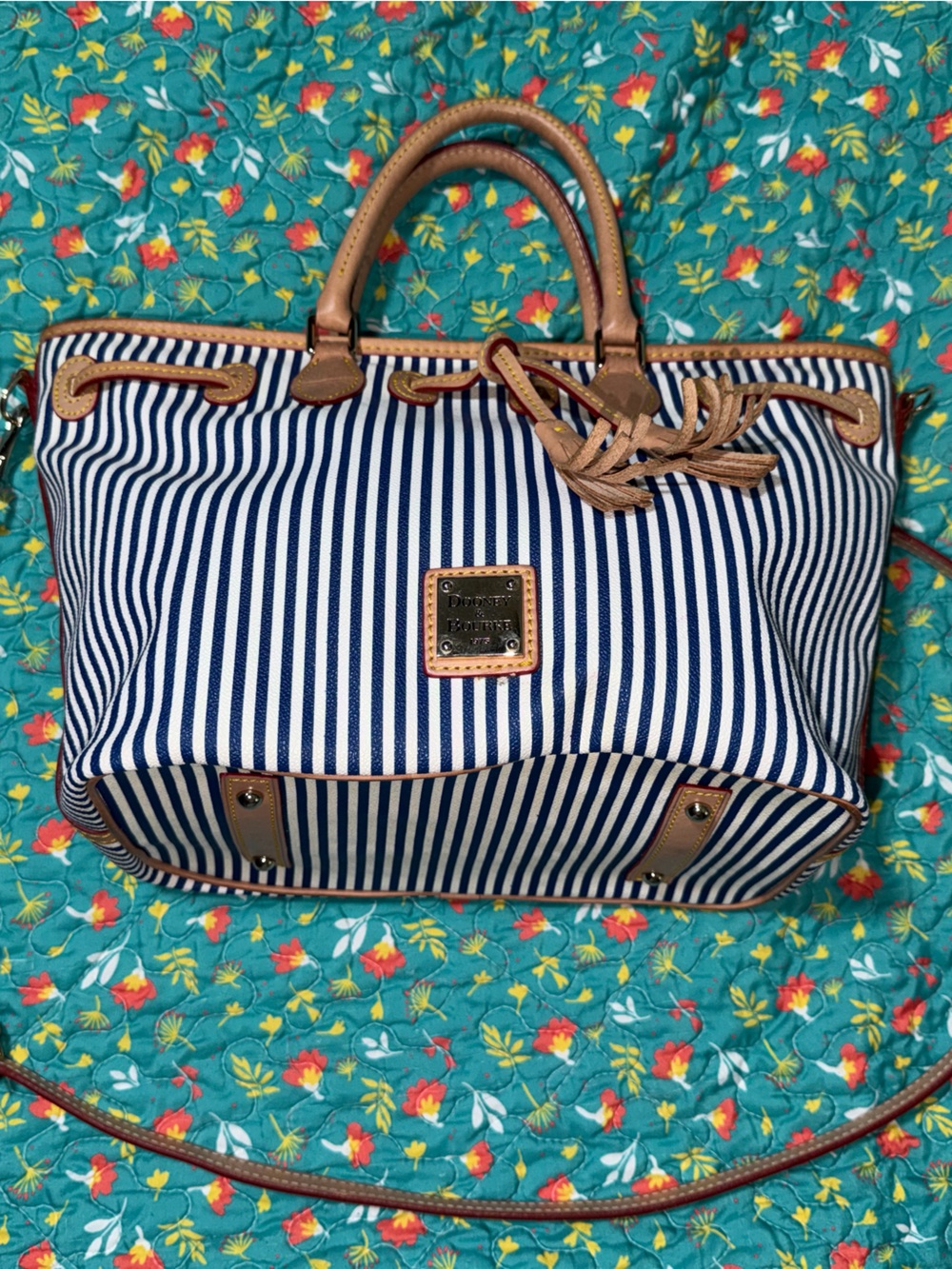 Dooney & Bourke Navy and White Stripe Tote with Tan Trim